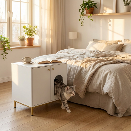 Litter enclosure side table in bright bedroom with cat
