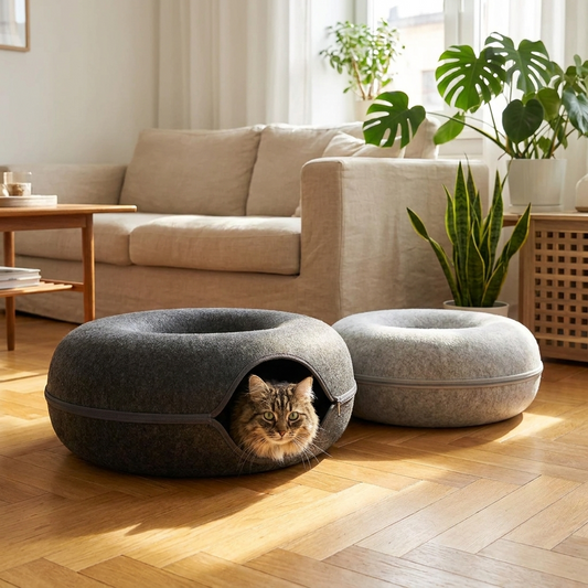 Cat peeking out of felt donut bed tunnel in sunny living room