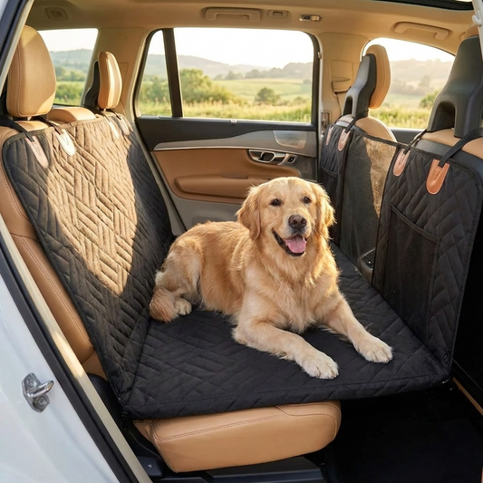 Golden retriever lying on hard-bottom back seat extender in car