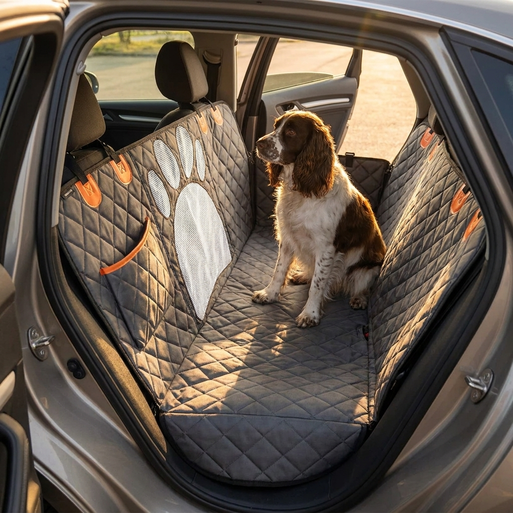View through open car door of dog car hammock with spaniel at golden hour