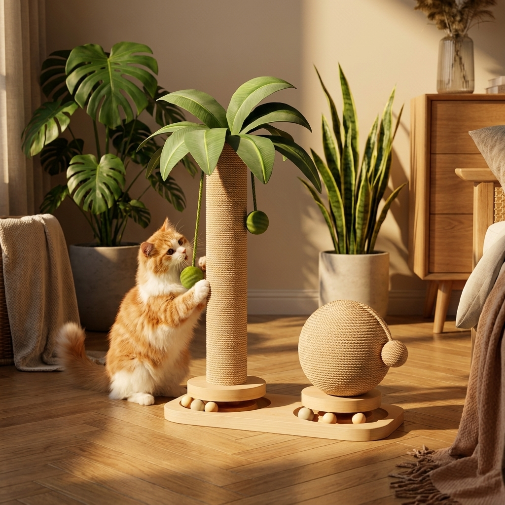 Three-quarter view of the palm tree cat scratching post at golden hour with a cat nearby