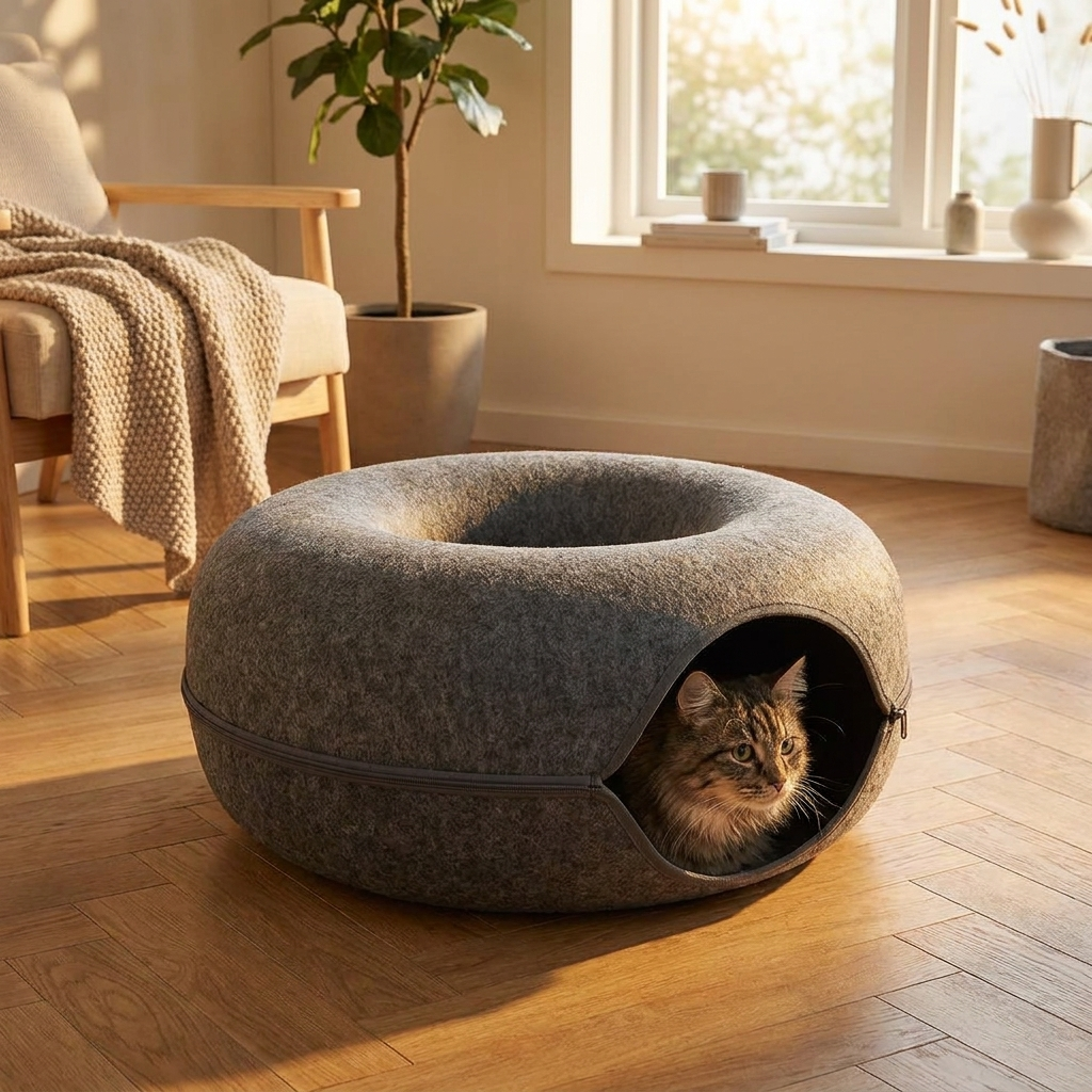 Three-quarter view of the round felt donut cat bed with a cat peeking from the tunnel