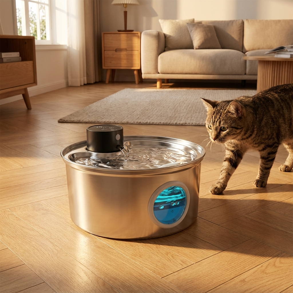 Three-quarter view of the cordless rechargeable stainless steel cat water fountain