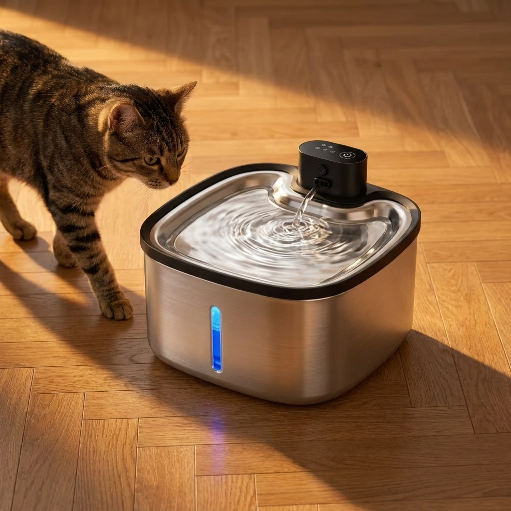Angled view of the cat fountain with a cat approaching