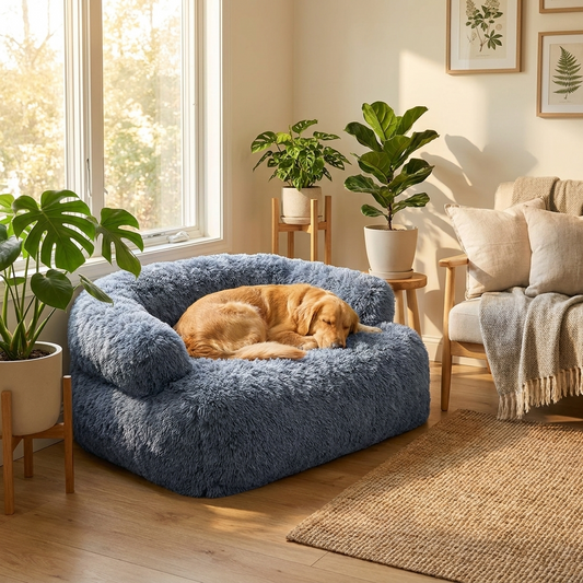 Golden retriever curled up on the plush dog sofa bed