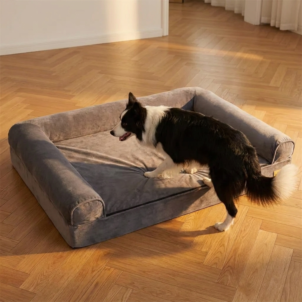 Angled view of the extra large dog bed with a big dog climbing on