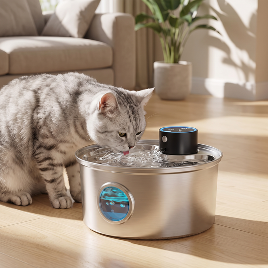 Tabby cat drinking from the cordless stainless steel cat water fountain