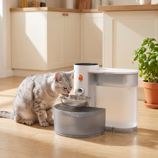 Tabby cat drinking from the stainless steel bowl of the cordless 3L filter-free cat fountain