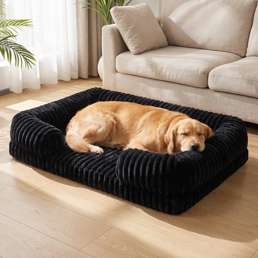 Golden retriever asleep on the black ribbed orthopedic dog sofa bed
