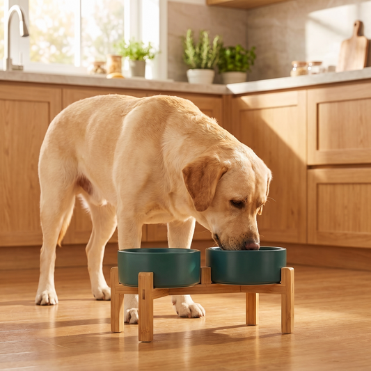Labrador eating from raised double ceramic dog bowls in oak kitchen