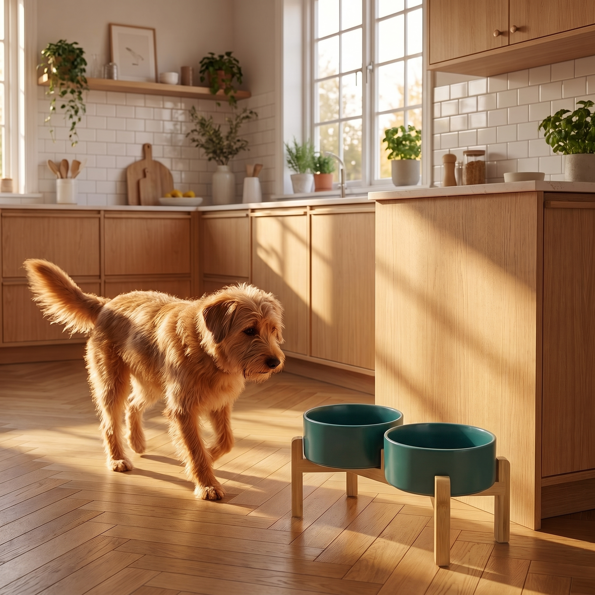 Terrier approaching raised double dog bowl feeding station