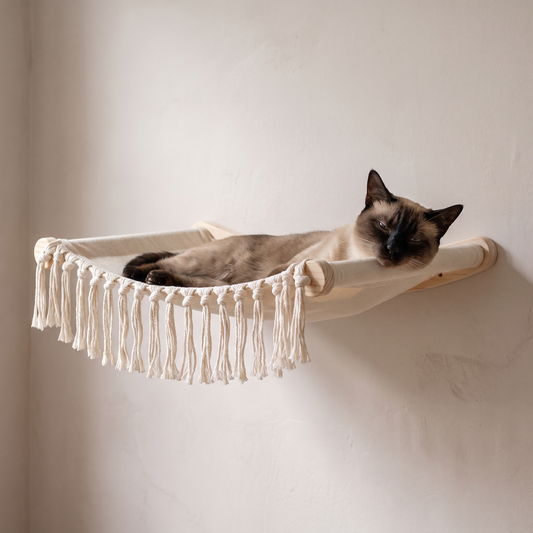 Boho Macrame Cat Wall Hammock - cat using it
