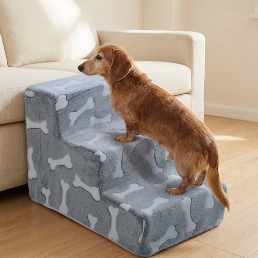 Small dog climbing the non slip pet steps