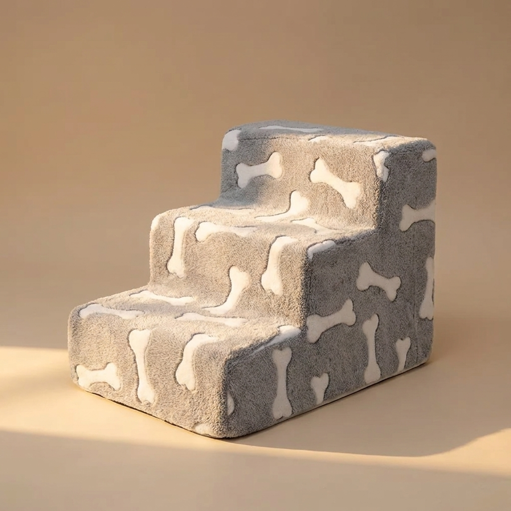 Three-quarter view of the bone design pet stairs