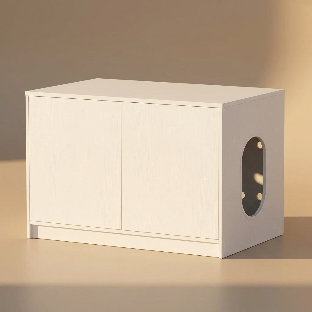Three-quarter studio view of the hidden litter box cabinet