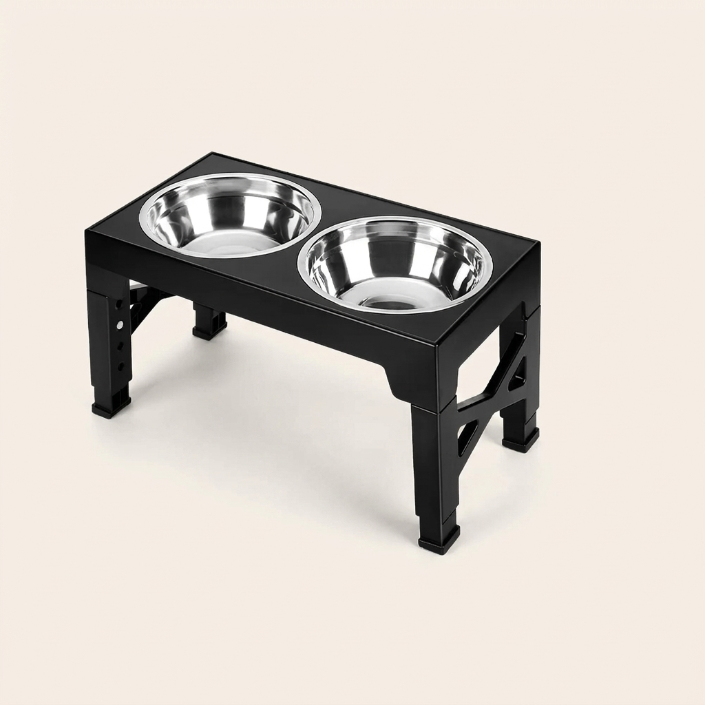 Studio view of the adjustable raised dog bowl stand with both stainless steel bowls