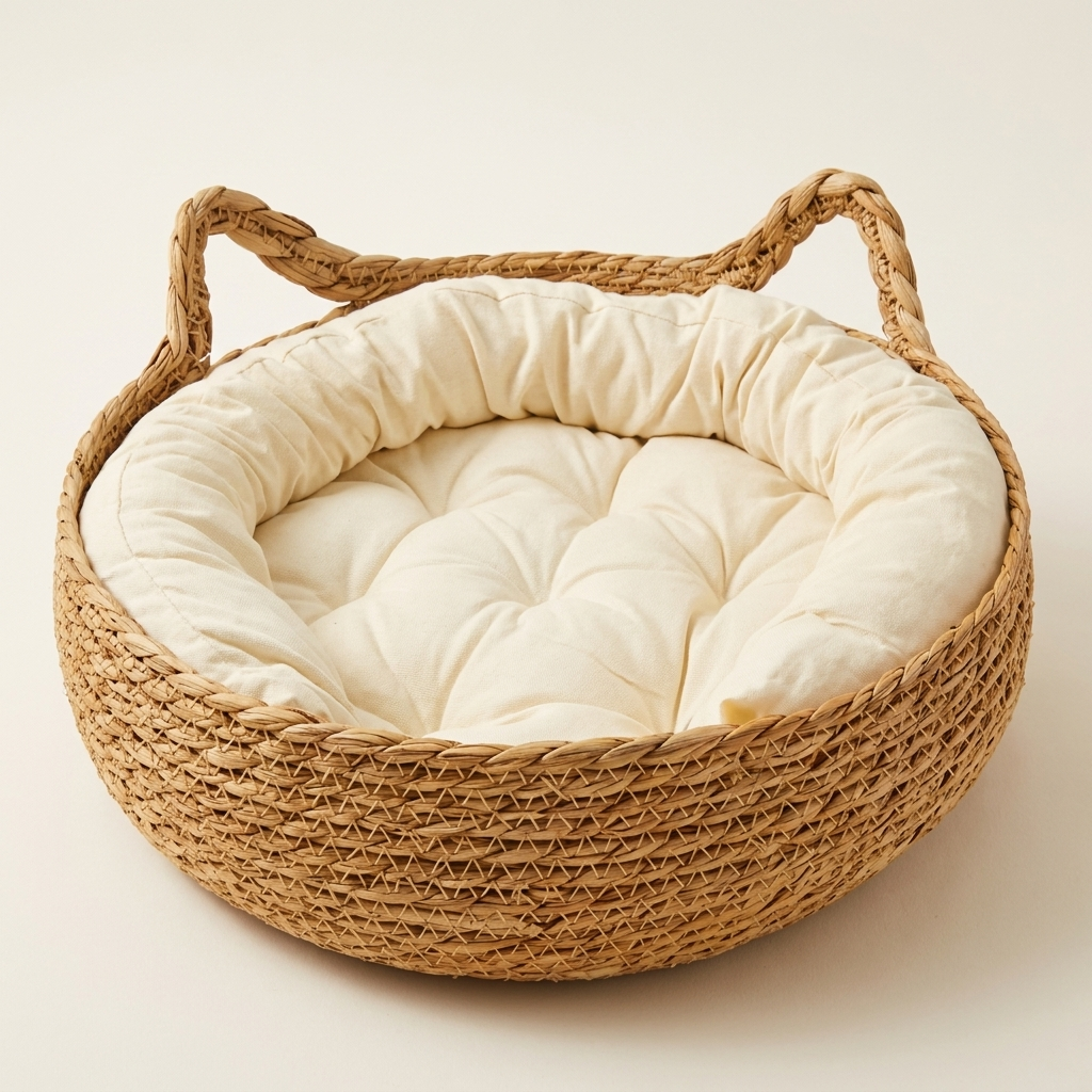 Studio view of the round seagrass cat basket bed with both woven rope handles