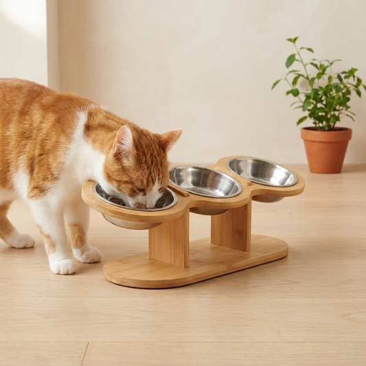 Ginger and white cat eating from the tilted three bowl bamboo feeding station