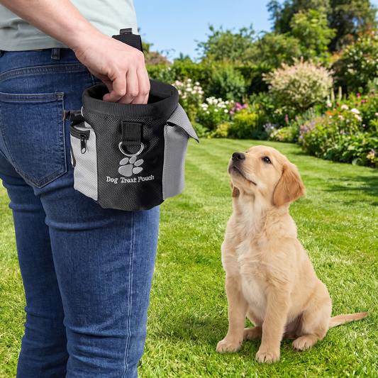 Hand reaching into the dog treat pouch clipped to jeans while a golden retriever puppy sits on the lawn