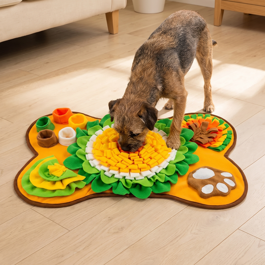 Border terrier sniffing for kibble in the sunflower centre of the bone shaped snuffle mat