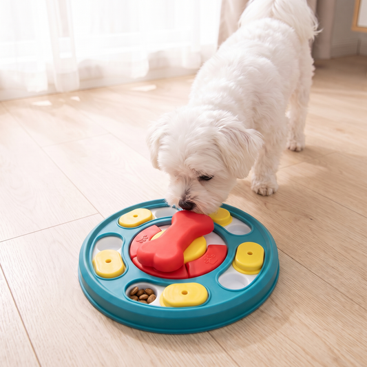 Small white Maltese dog nudging a slider on the round dog puzzle feeder