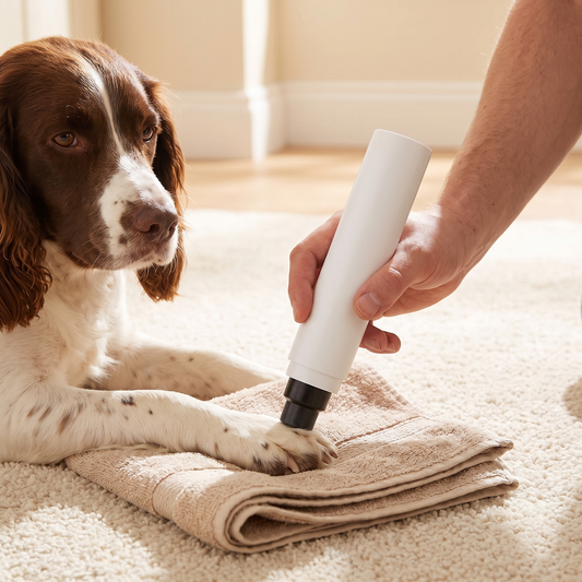 Hand holding the white nail grinder to a springer spaniel's nail as it rests on a rug