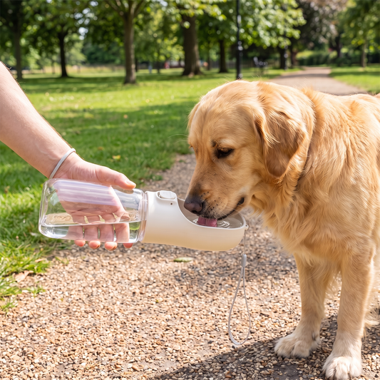 Golden retriever drinking from a portable dog water bottle in a park