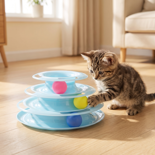 Tabby kitten batting a ball in a blue 3 tier cat ball track tower