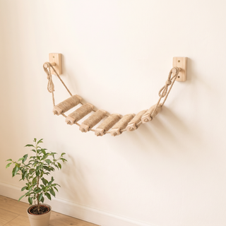 50cm cat rope bridge with seven sisal wound treads hung between two pine wall blocks on a cream wall
