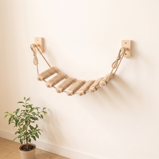 50cm cat rope bridge with seven sisal wound treads hung between two pine wall blocks on a cream wall