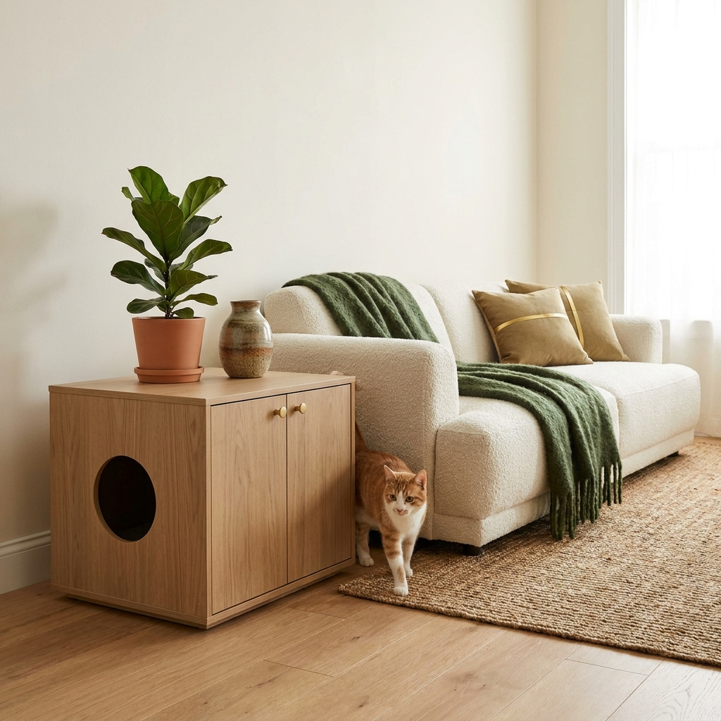 Wooden cat litter box enclosure styled as a modern side table in a warm Scandinavian living room