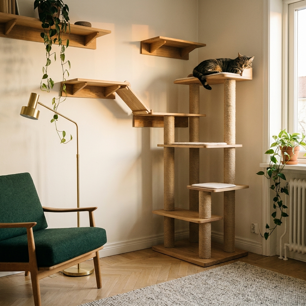 Modern wooden cat furniture in a warm Scandinavian living room with a cat lounging on a light oak cat tower