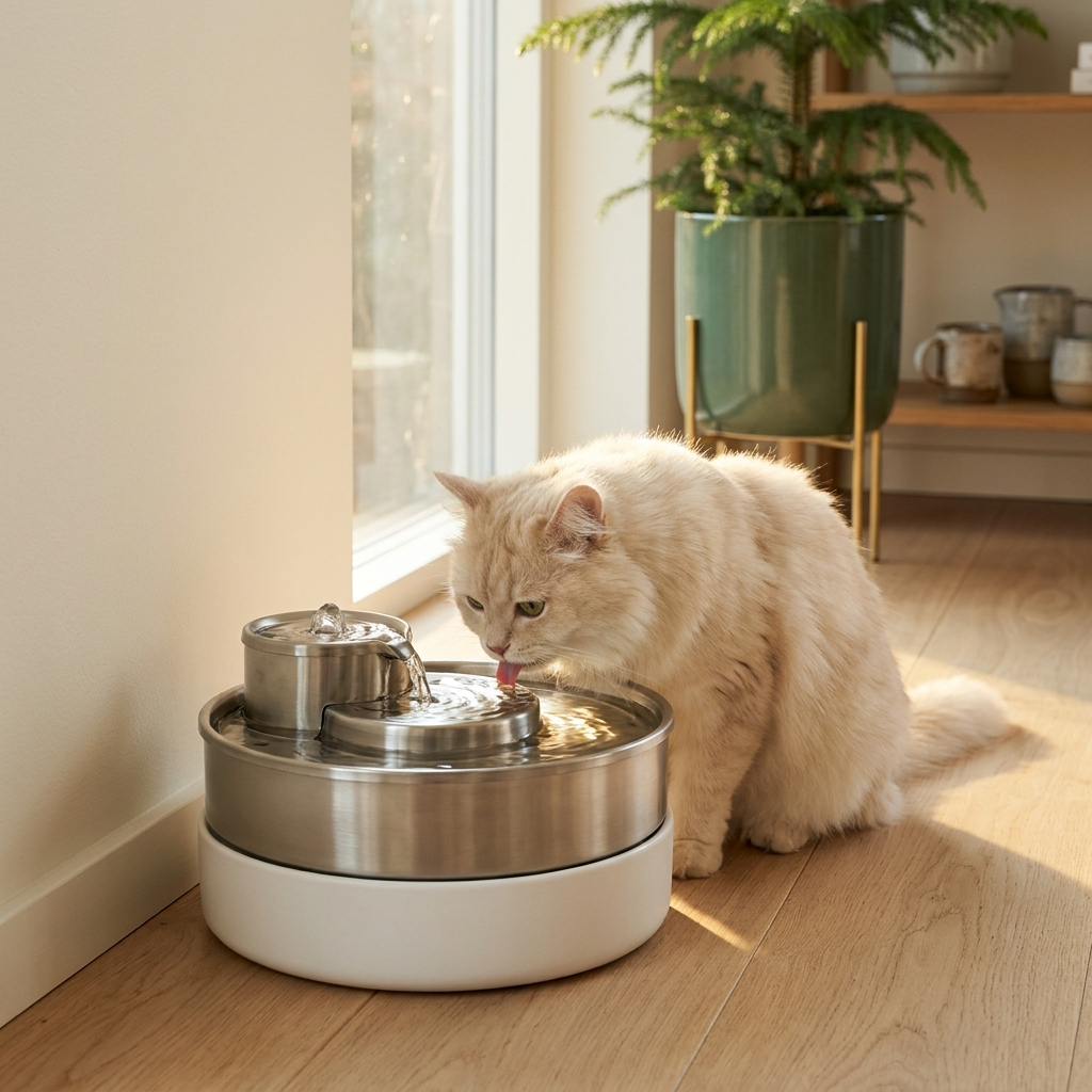 Cat drinking from a modern pet water fountain on a light oak floor in a serene Scandinavian interior