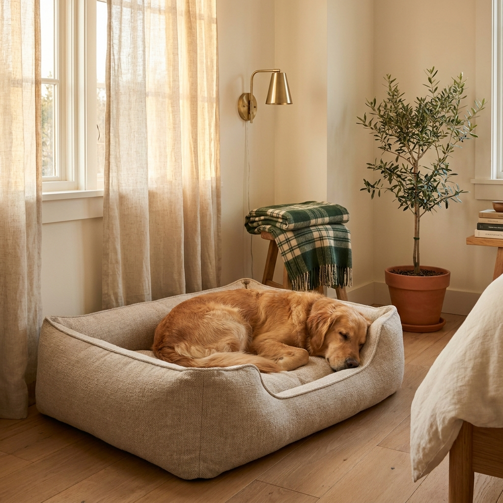 Golden retriever sleeping on a premium orthopedic dog bed in a cosy Scandinavian bedroom