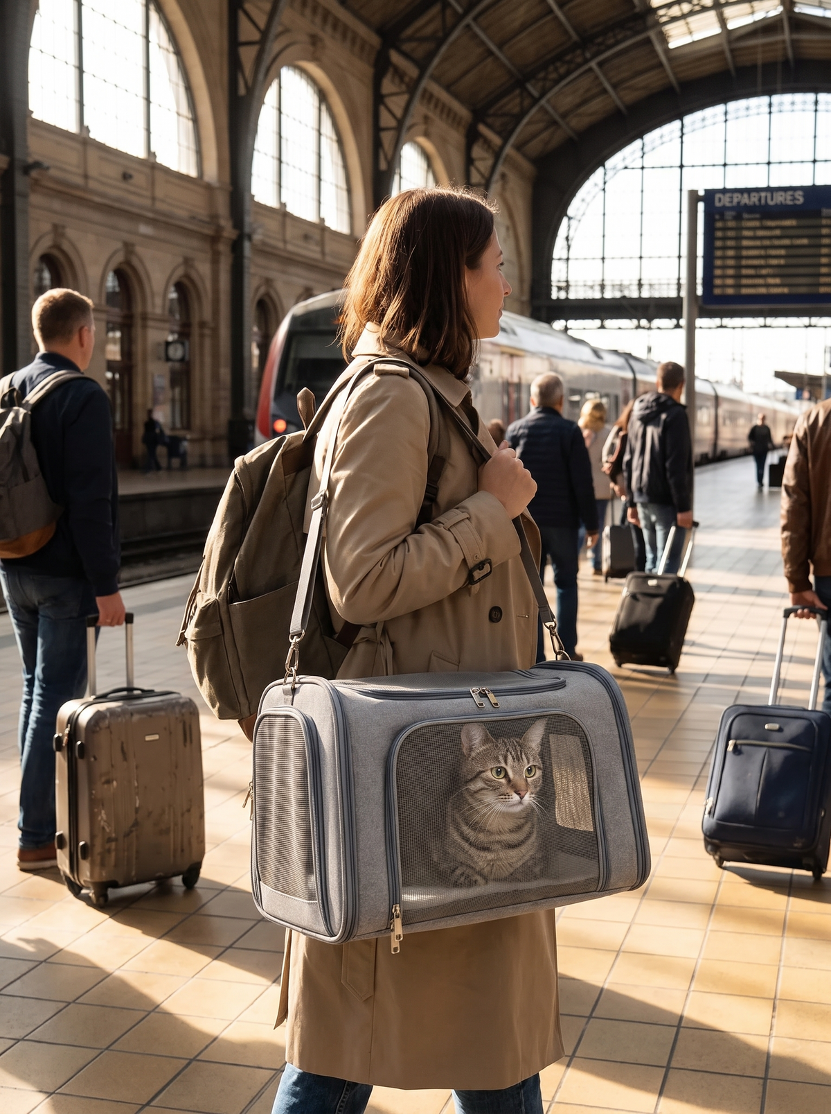 Traveller carrying the soft pet carrier with calm cat visible through mesh