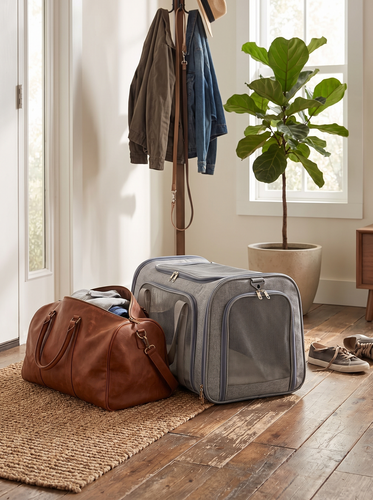 Pet carrier packed by the front door beside a weekend bag