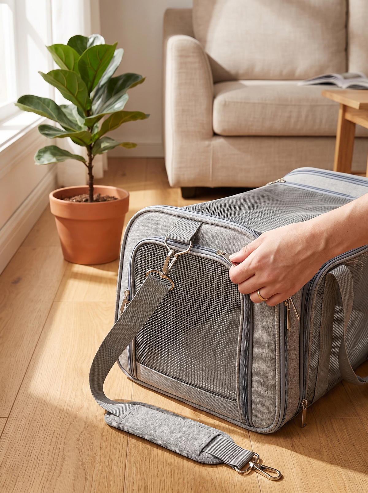 Hand zipping the carrier closed, claw-proof mesh in close detail