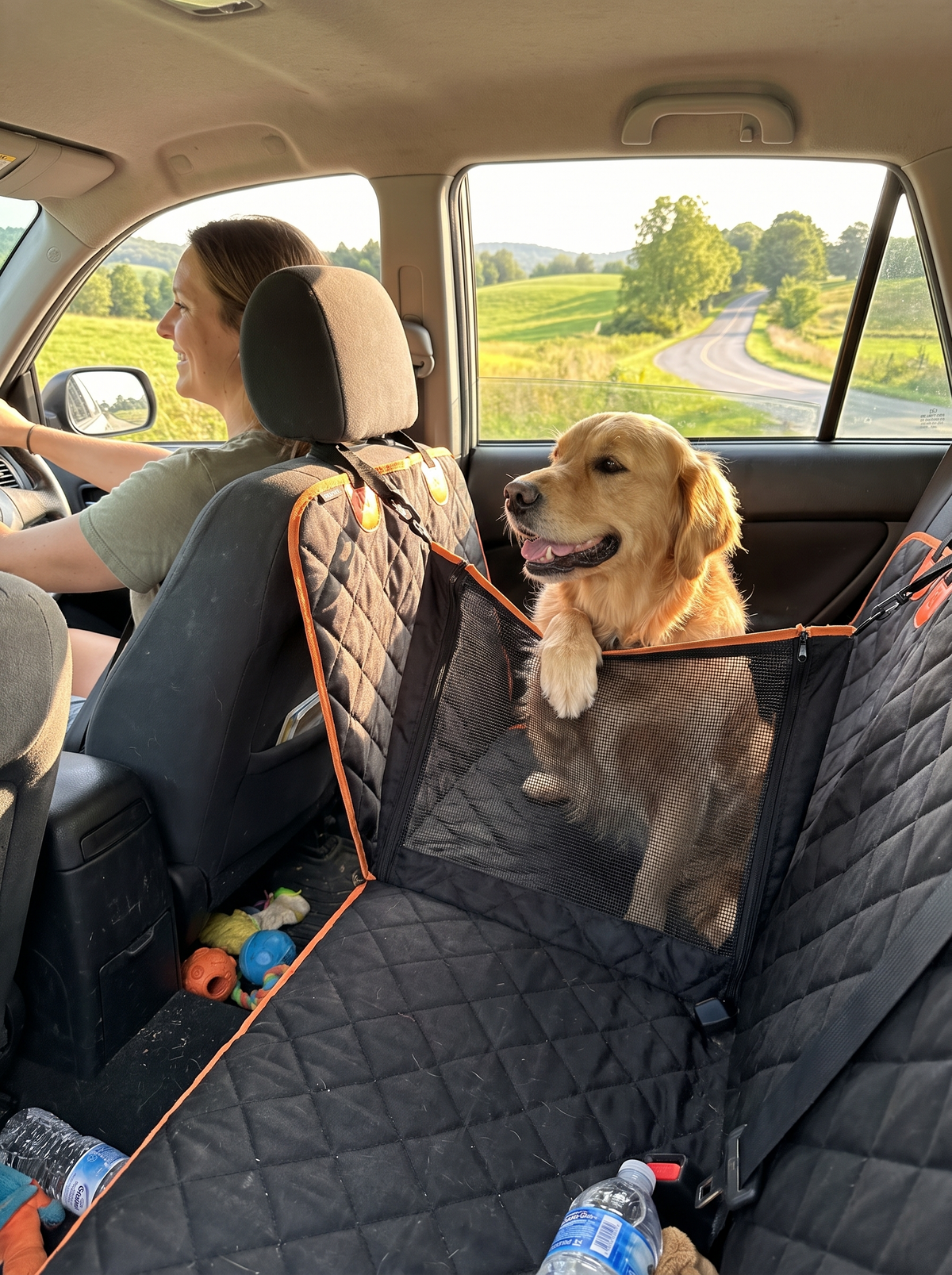 Happy dog looking through the hammock mesh window during a countryside drive