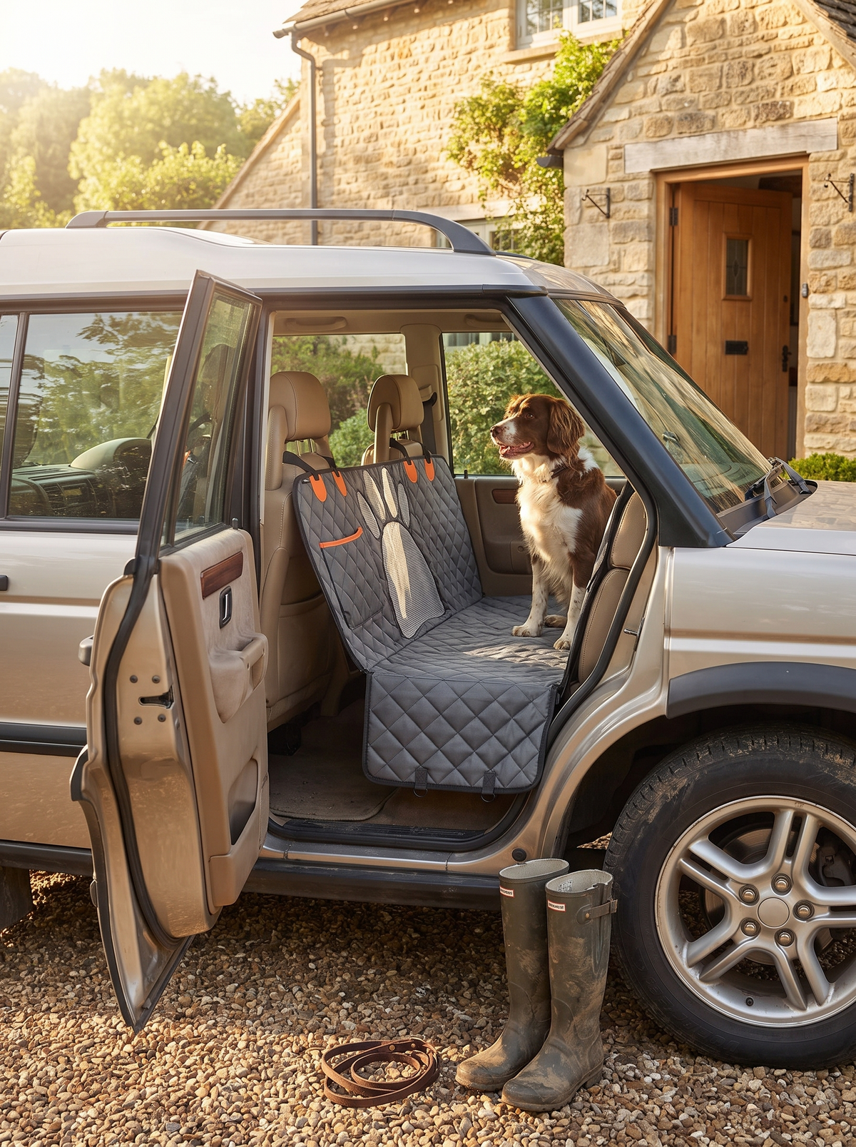 Car hammock installed in family car outside a warm country home