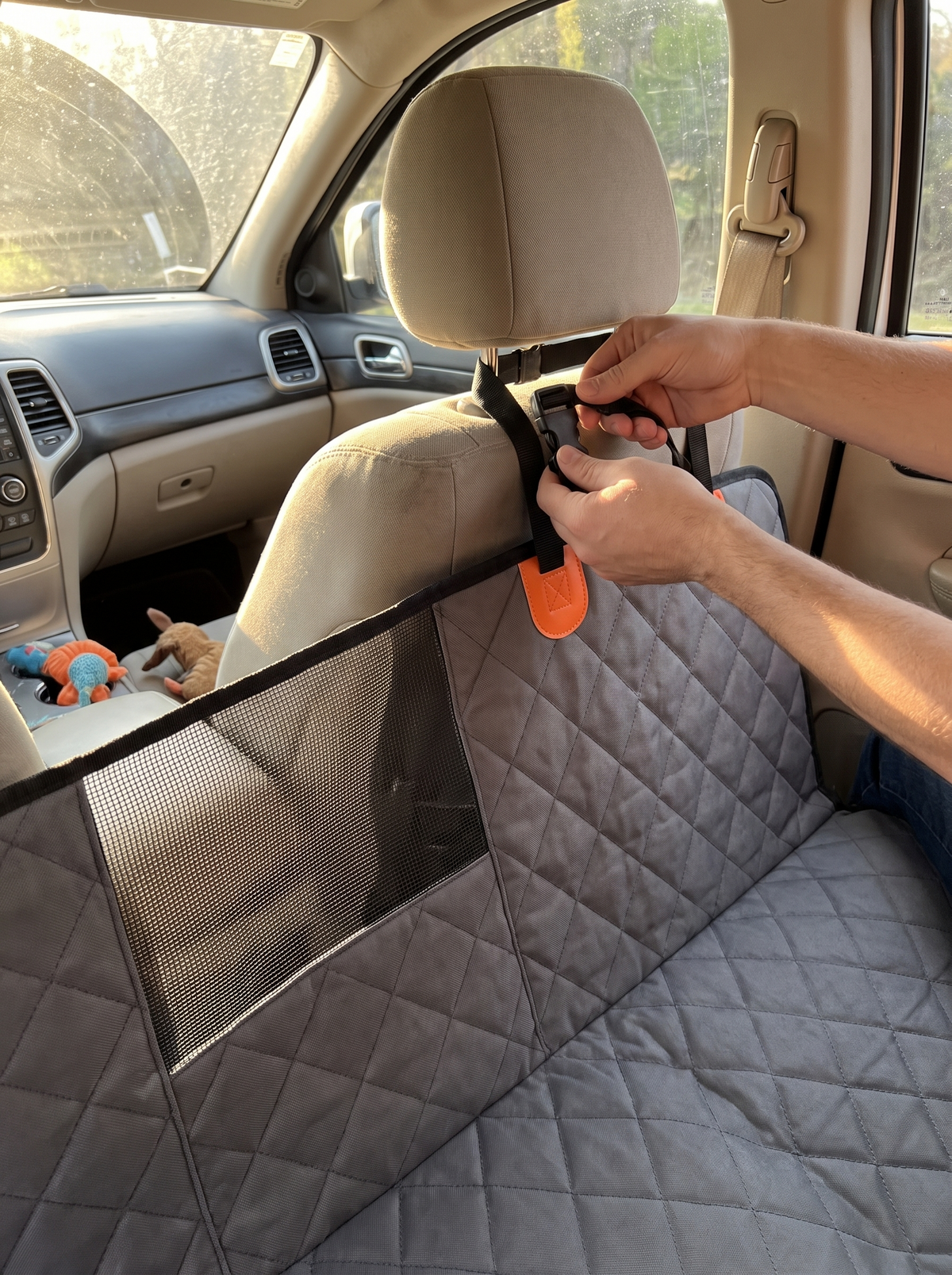 Hands clipping the hammock strap around a car headrest, close detail