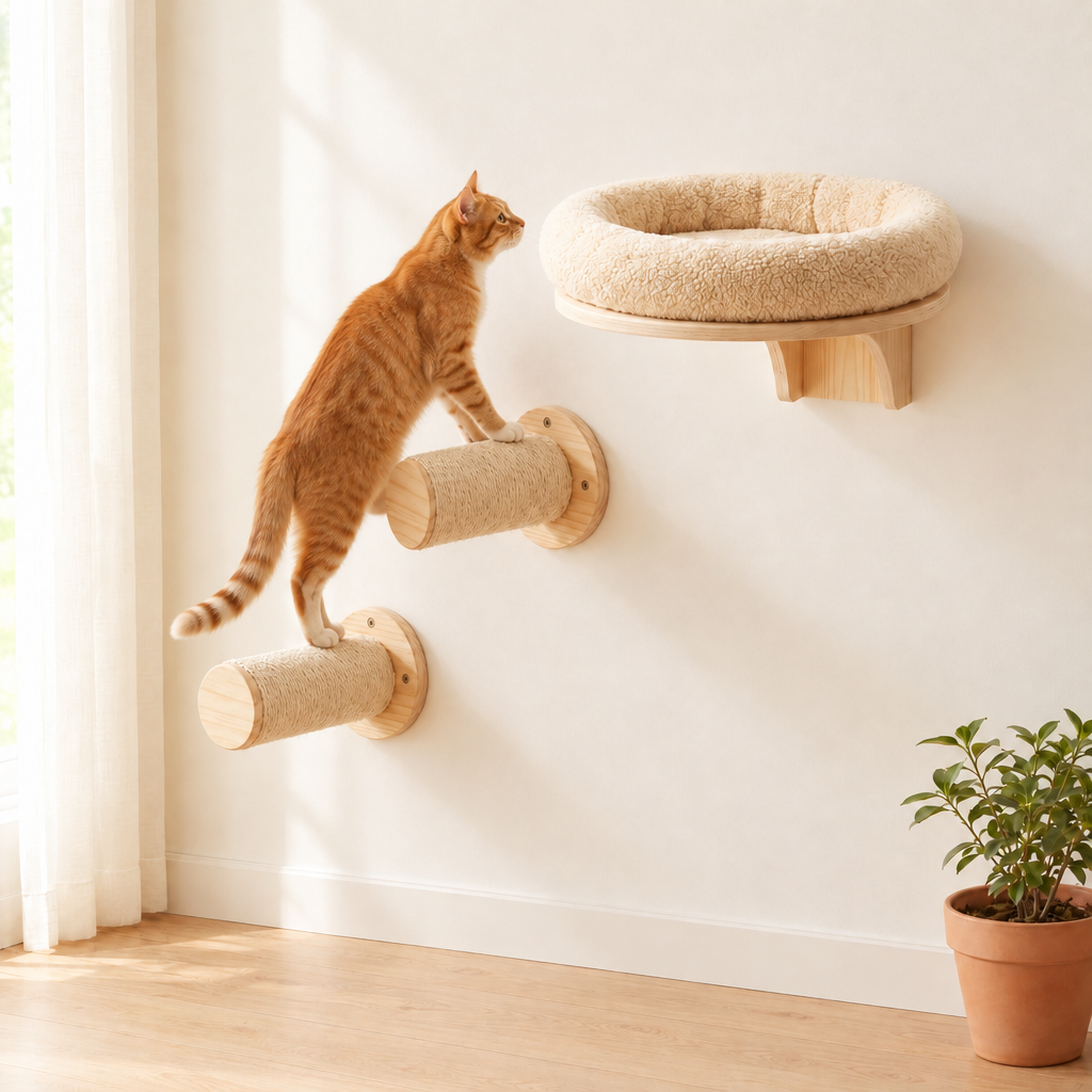 The First Climb cat wall set: a ginger cat climbing the two sisal wall steps up to the sherpa wall bed