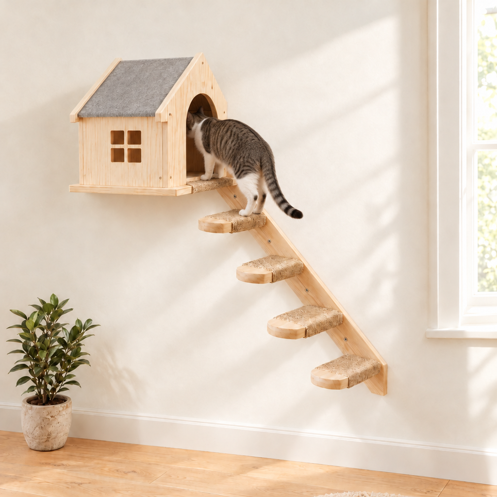 The Hideaway cat wall set: a tabby cat stepping from the sisal staircase into the gabled cat house