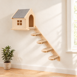 The Hideaway cat wall set: sisal staircase leading up to the doorway of a gabled pine cat house