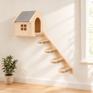 The Hideaway cat wall set: sisal staircase leading up to the doorway of a gabled pine cat house