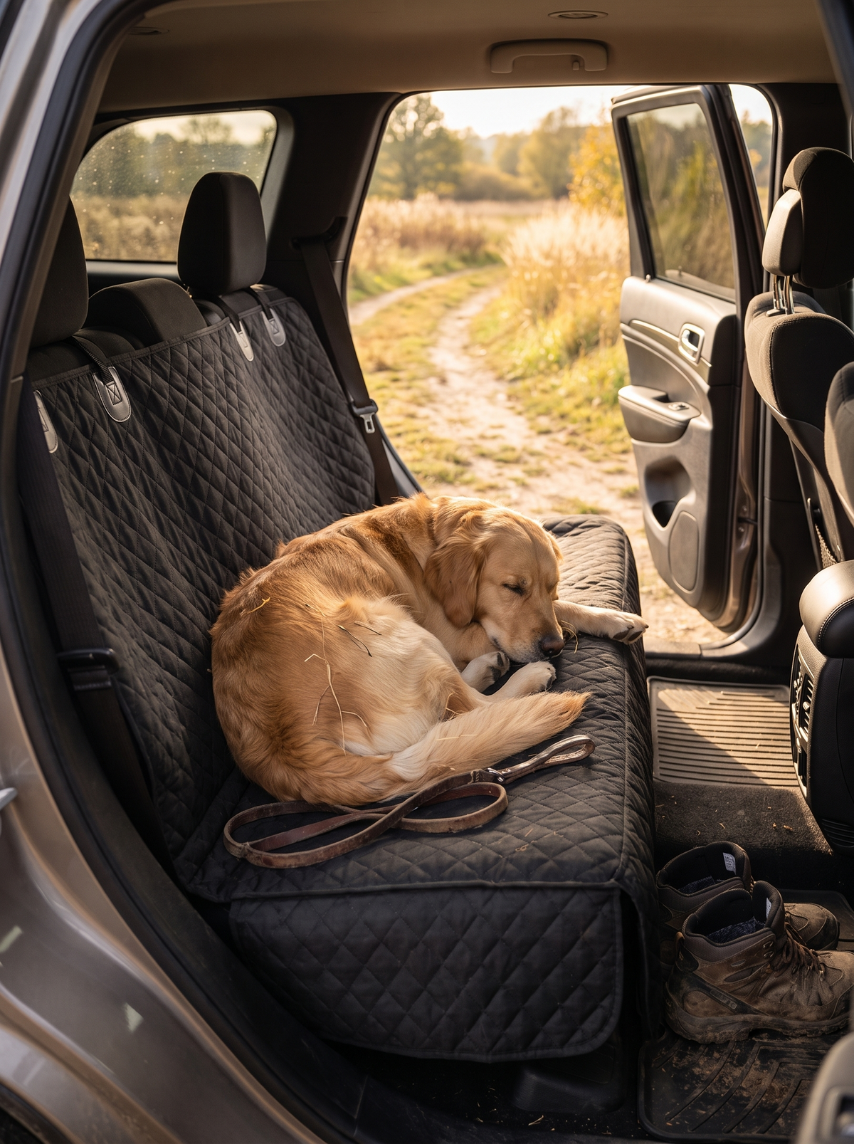 Quilted seat cover fitted neatly in a parked car with the door open