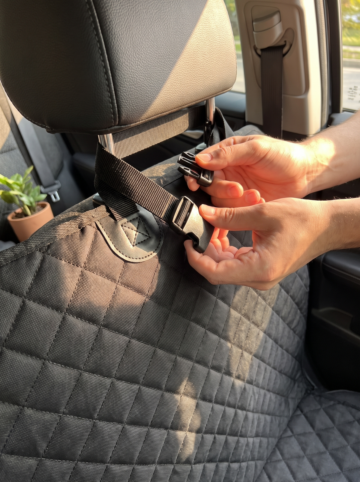 Close-up of quilted waterproof fabric and headrest strap buckle