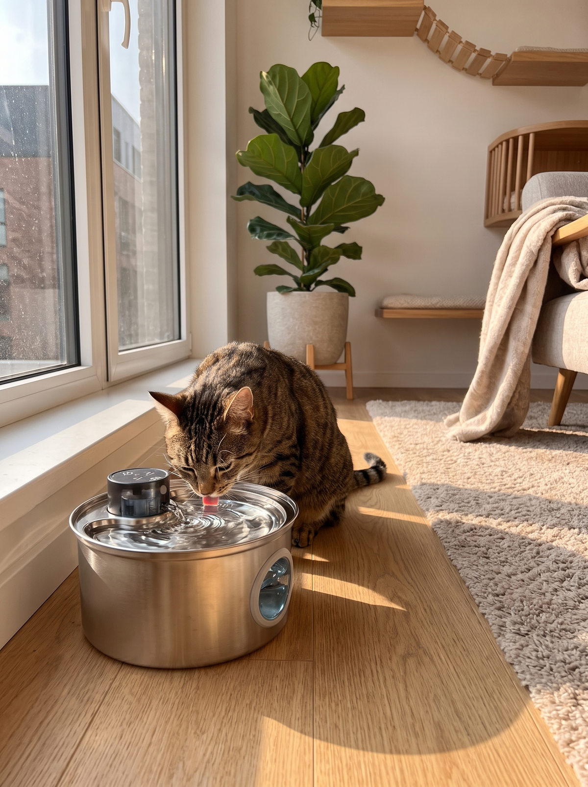 Cat drinking from the cordless stainless steel fountain