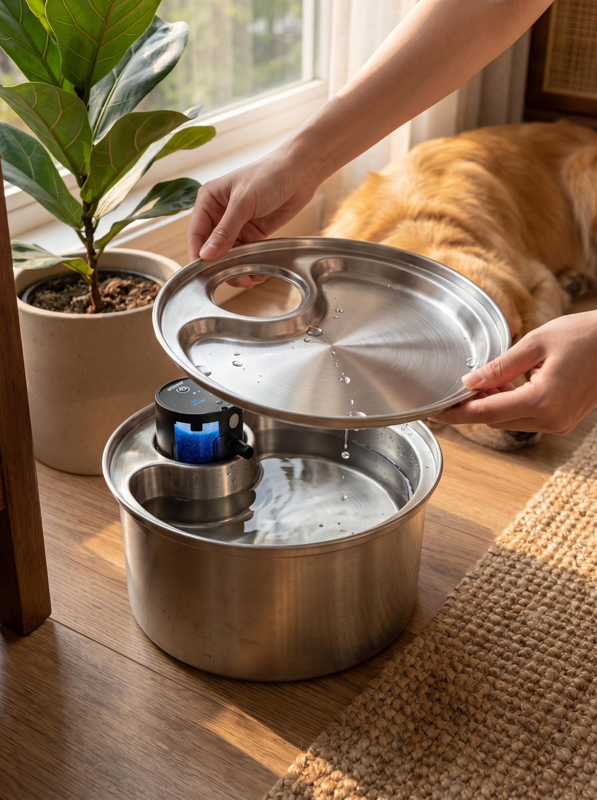 Close-up of brushed stainless steel surface and filter tray