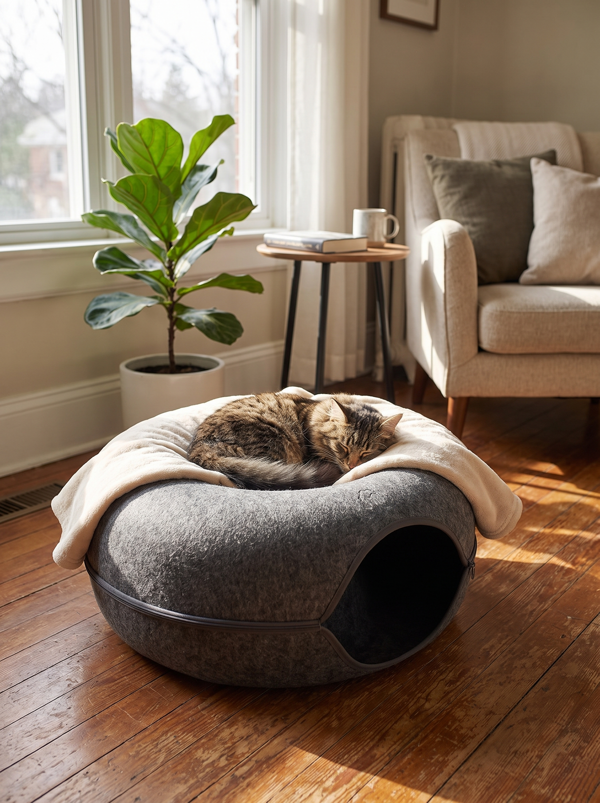 Cat curled asleep on the dished top of the felt donut bed
