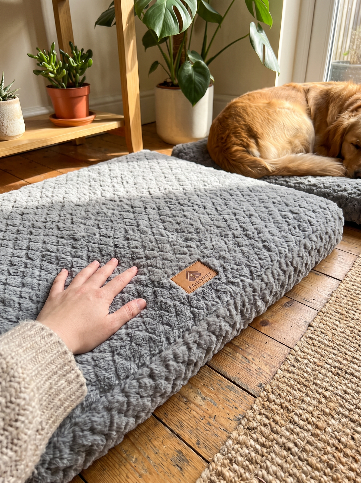 Close-up of the plush faux fur cover texture of the foam dog bed